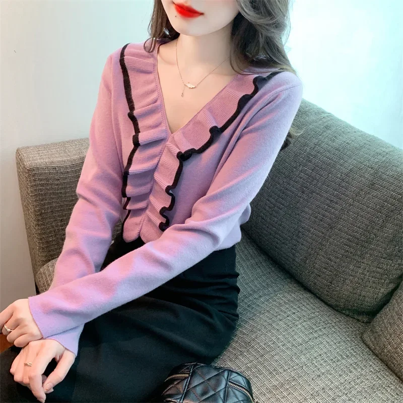 New Niche Design Autumn Winter 2025 V-neck Knitted Bottoming Shirt Long Sleeves Wooden Ears Sweater Top Women