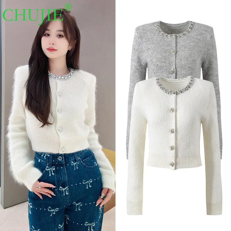 

CHUJIE 2025 Autumn New French Socialite Design Heavy Embellished Collar Age-Reducing Versatile Elegant Knitted Sweater Niche
