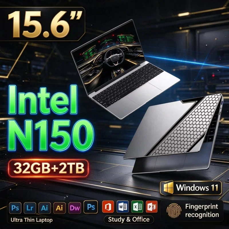 New 15.6'' Inch Student Laptop Intel N150 32GB RAM 1TB/2TB SSD Windows11 Fingerprint Unlock Notebook Home Office Gaming Computer