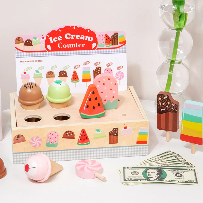 Wooden Ice Cream Counter Playset for Toddler Toys, Montessori Pretend Play Food Toys Kitchen early childhood education