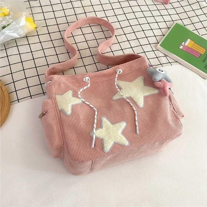 Women Star Pattern Corduroy Crossbody Bag Casual Tote Lady Simple Large Capacity Shoulder Bag Girl Travel School Bookbag Handbag