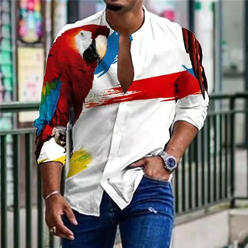 Spring and Autumn Men's Shirt Loose Parrot Butterfly Printed Long Sleeve Top Hip Hop Retro Loose Large Men's Shirt