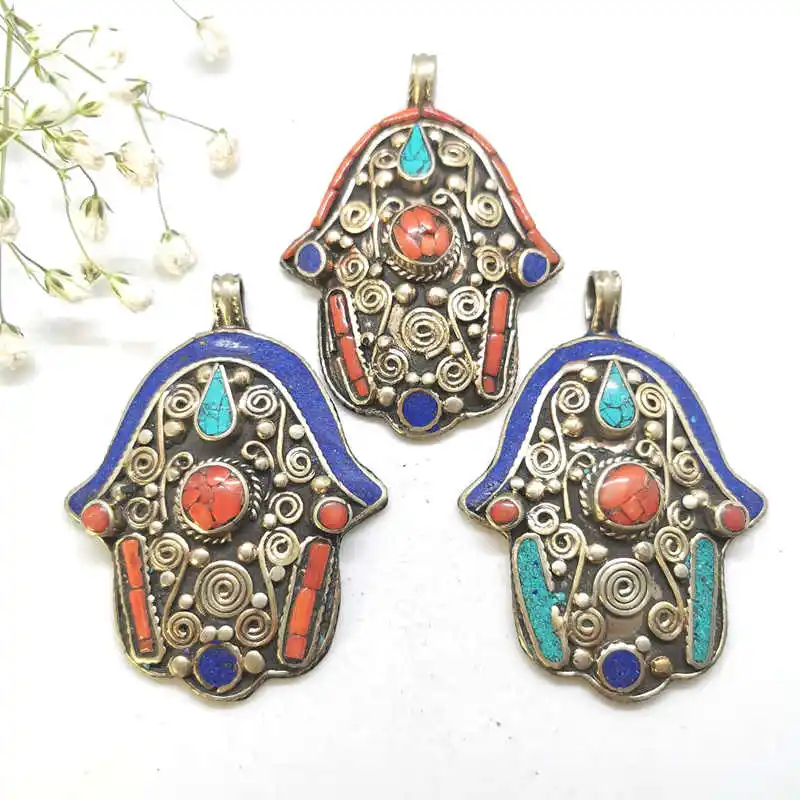 Buddha Hand Pendants Tibetan Ethnic Jewelry Buddhist Amulet Nepal Vintage Copper Inlaid Stone TBP305