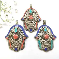 Buddha Hand Pendants Tibetan Ethnic Jewelry Buddhist Amulet Nepal Vintage Copper Inlaid Stone TBP305