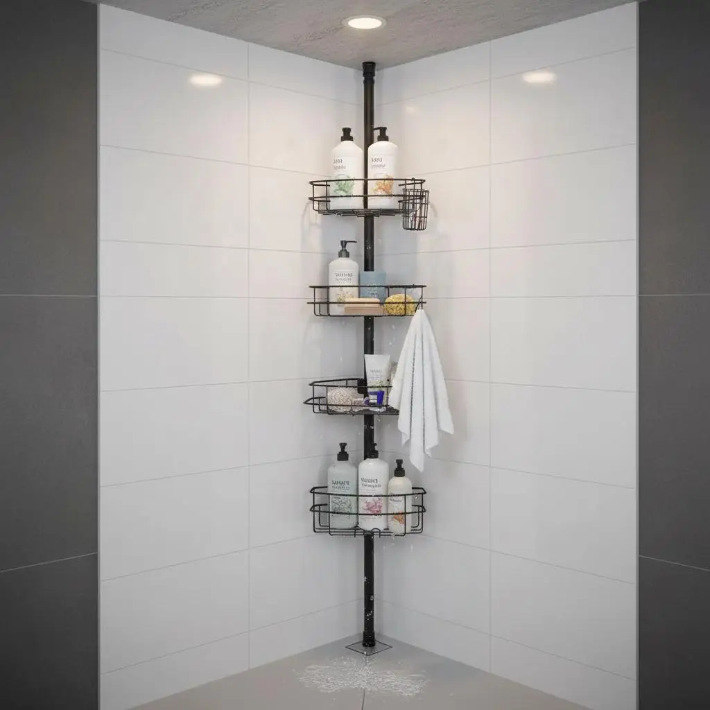 

Органайзер для душа на телескопическую штангу (от 56 до 114 дюймов) для ванной комнаты, туалета, душевой кабины, многофункциональные прочные полки-подносы