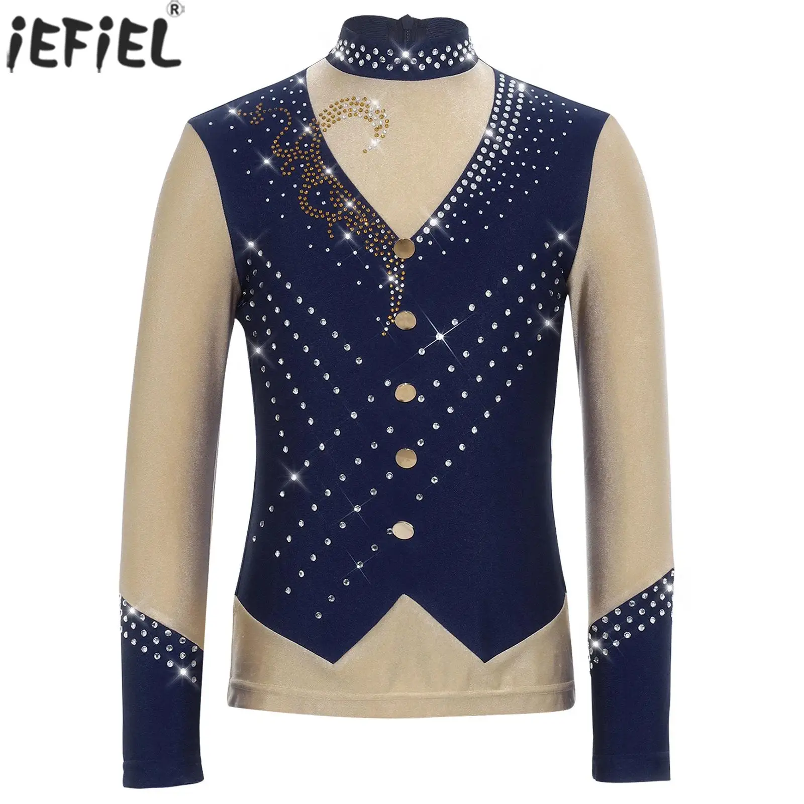 Costume de patinage artistique pour enfants, garçons et filles, avec strass scintillants, haut à manches longues pour la gymnastique rythmique et la danse