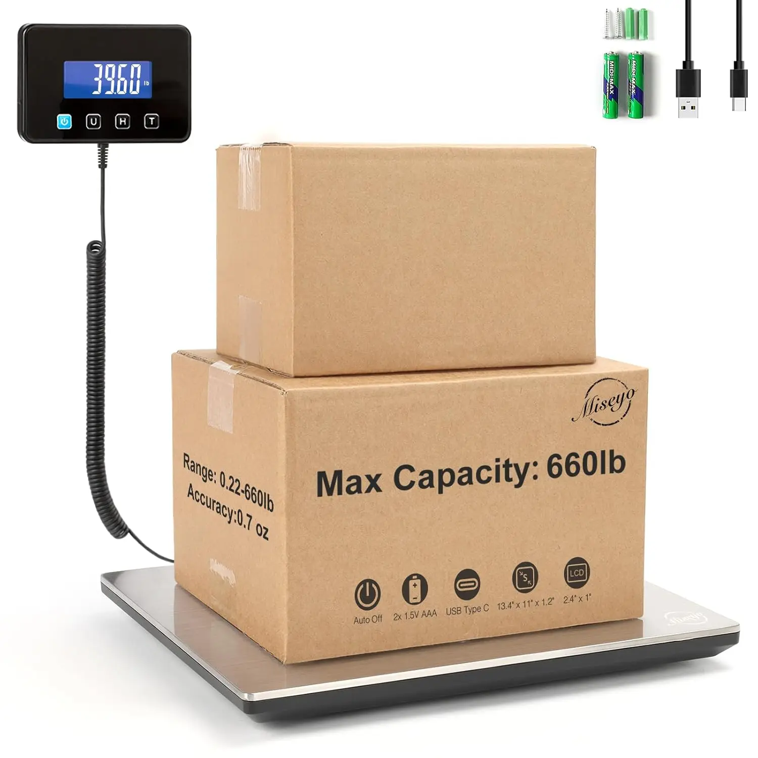 

660 lbs Digital Shipping Scale with High Accuracy, Stainless Steel Postal Scale for Packages, Small Business, Warehouse, Battery