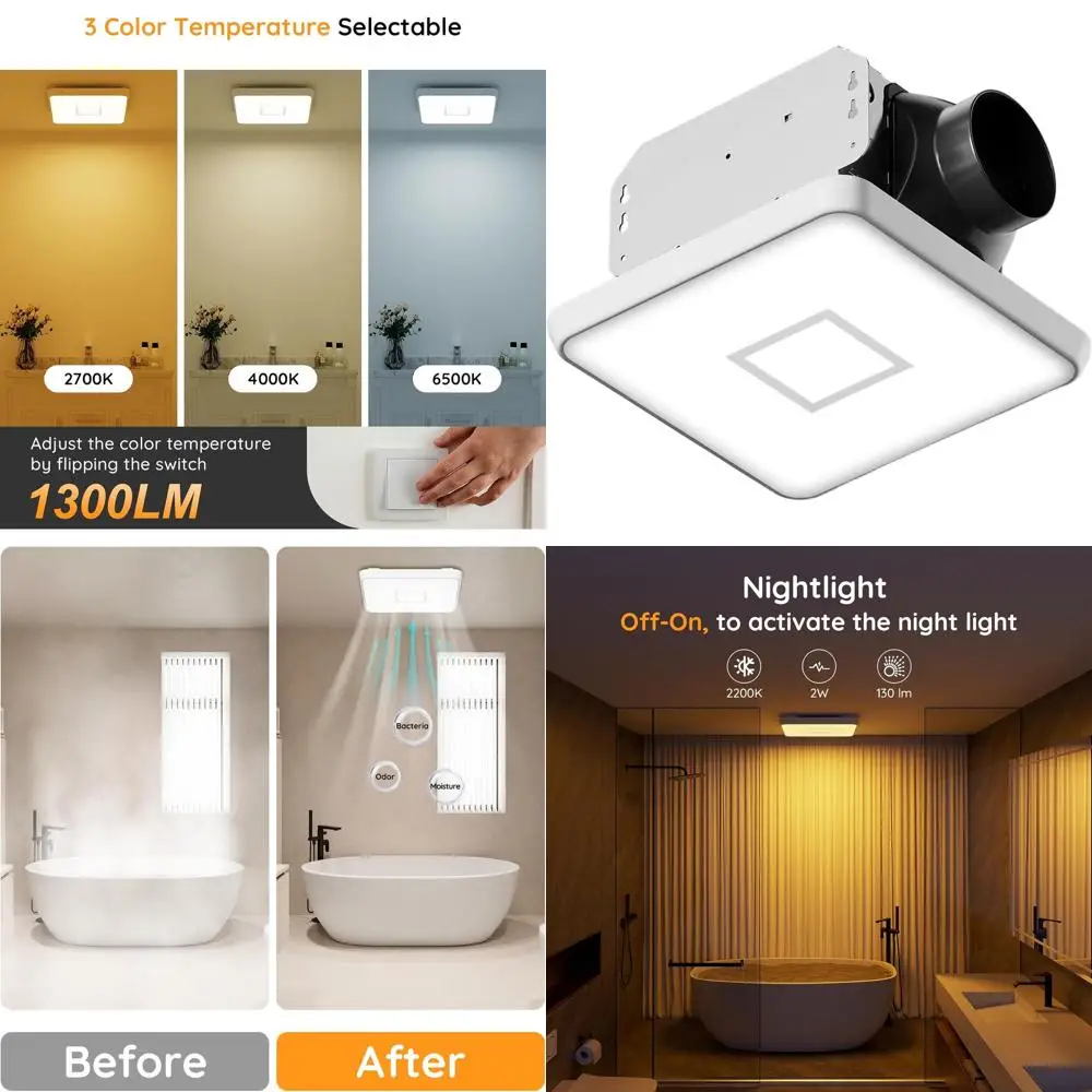 

130 куб. футов в минуту 1,5 одиночного вентилятора для ванной комнаты с подсветкой, 1300 люмен, 3 цветовые температуры, ночник, световая память, сертифицирован ETL