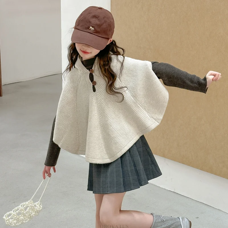 Kids Girl Shawl Pullover Knitwear Loose Elegant Knitted Cape French Minimalist Cloak Knit Sweater Child New Fashion Outfits