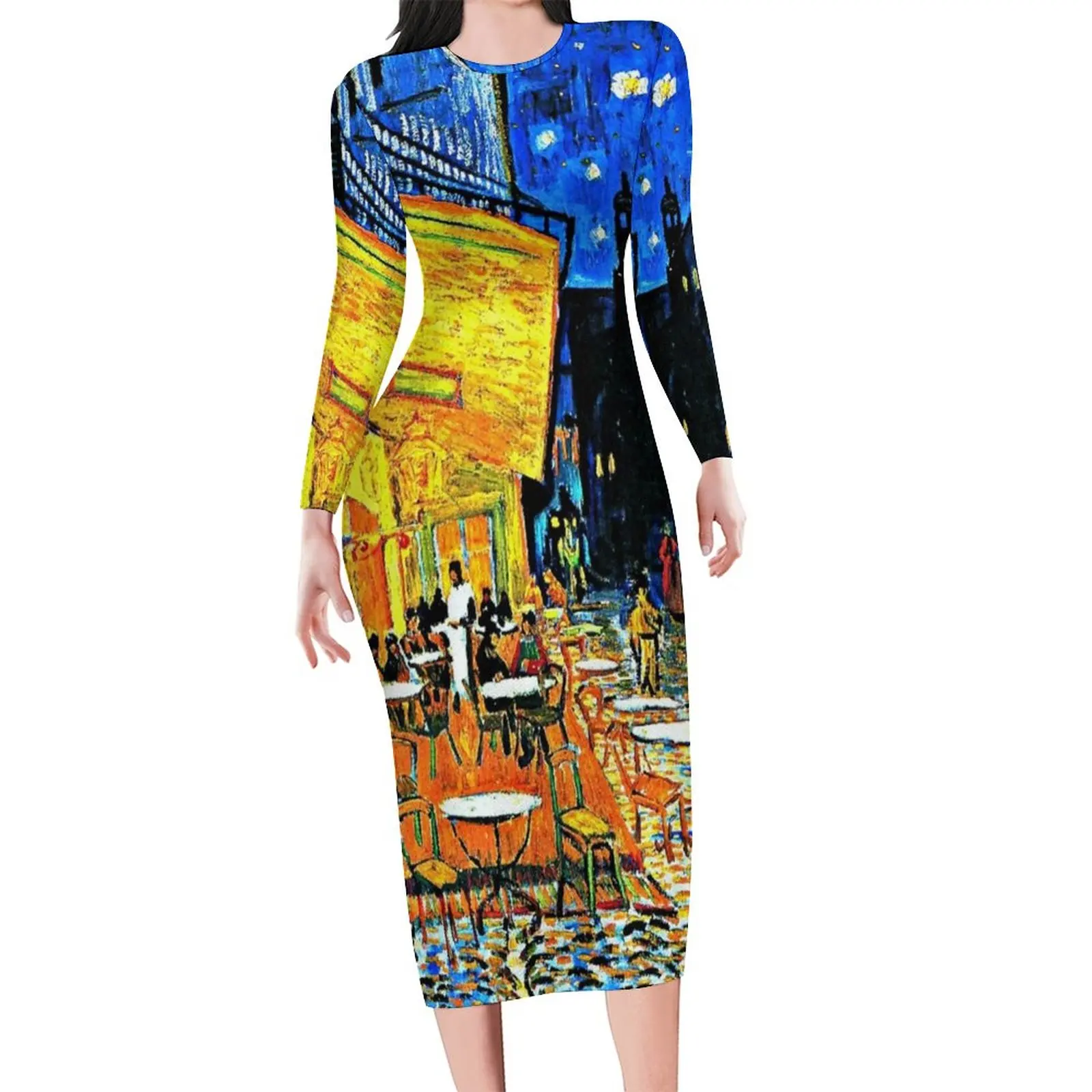 Van Gogh Classic Dress Long Sleeve Cafe Terrace Place Du Forum Aesthetic Dresses Vintage Bodycon Dress Women Graphic Vestido