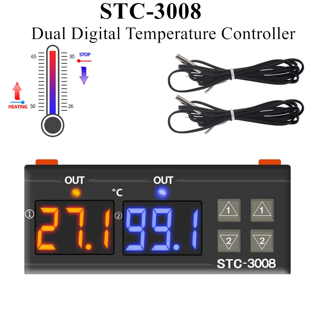 STC-3008 Temperature Controller Two Relay Output Thermoregulator Dual Digital Thermostat With Heater Cooler 12V 24V 110-220V