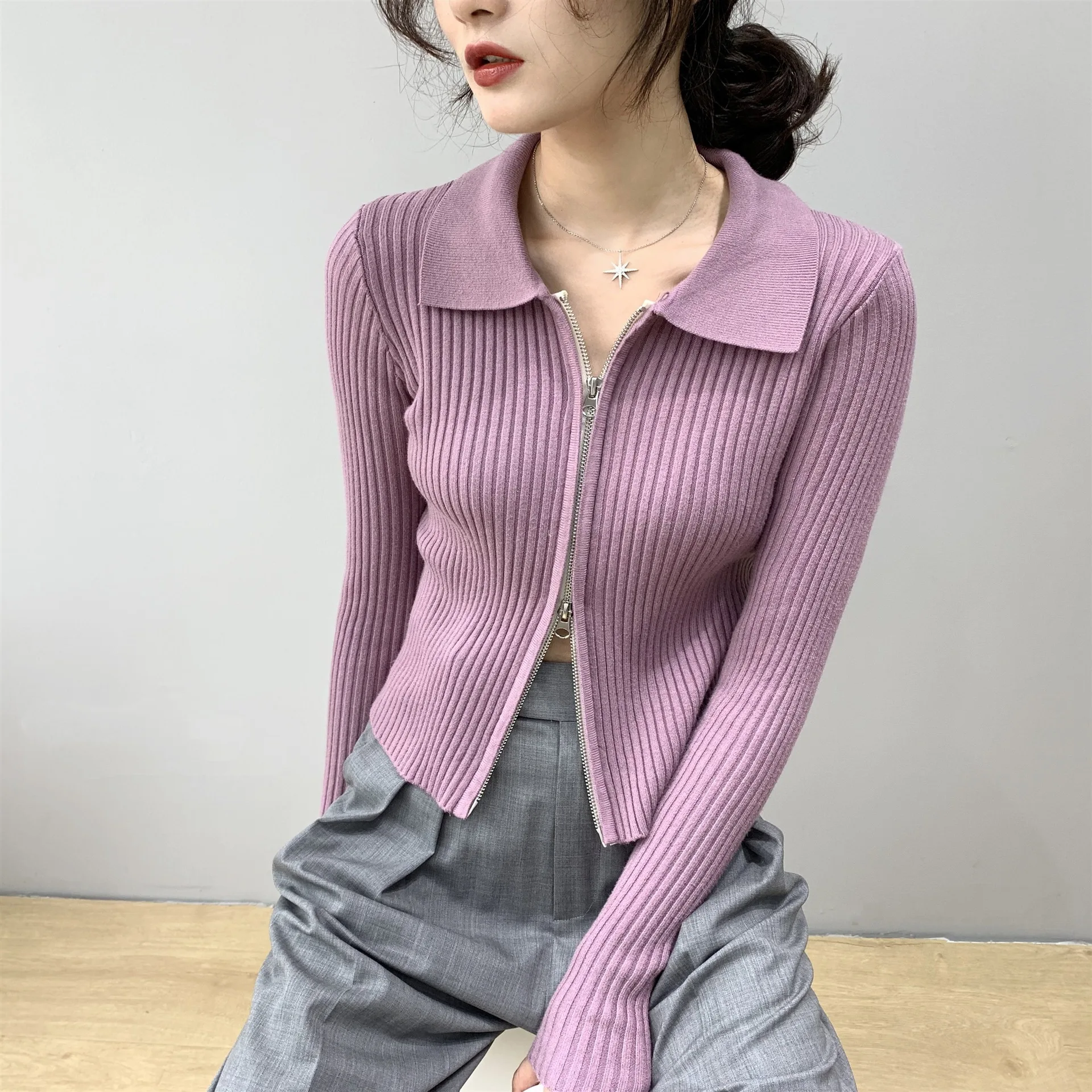 2024 Women Spring Sweater Knit Drouble Zip Design Sexy Slim Cardigans Turn Down Collar Sweater Casual Korean Fashion Tops