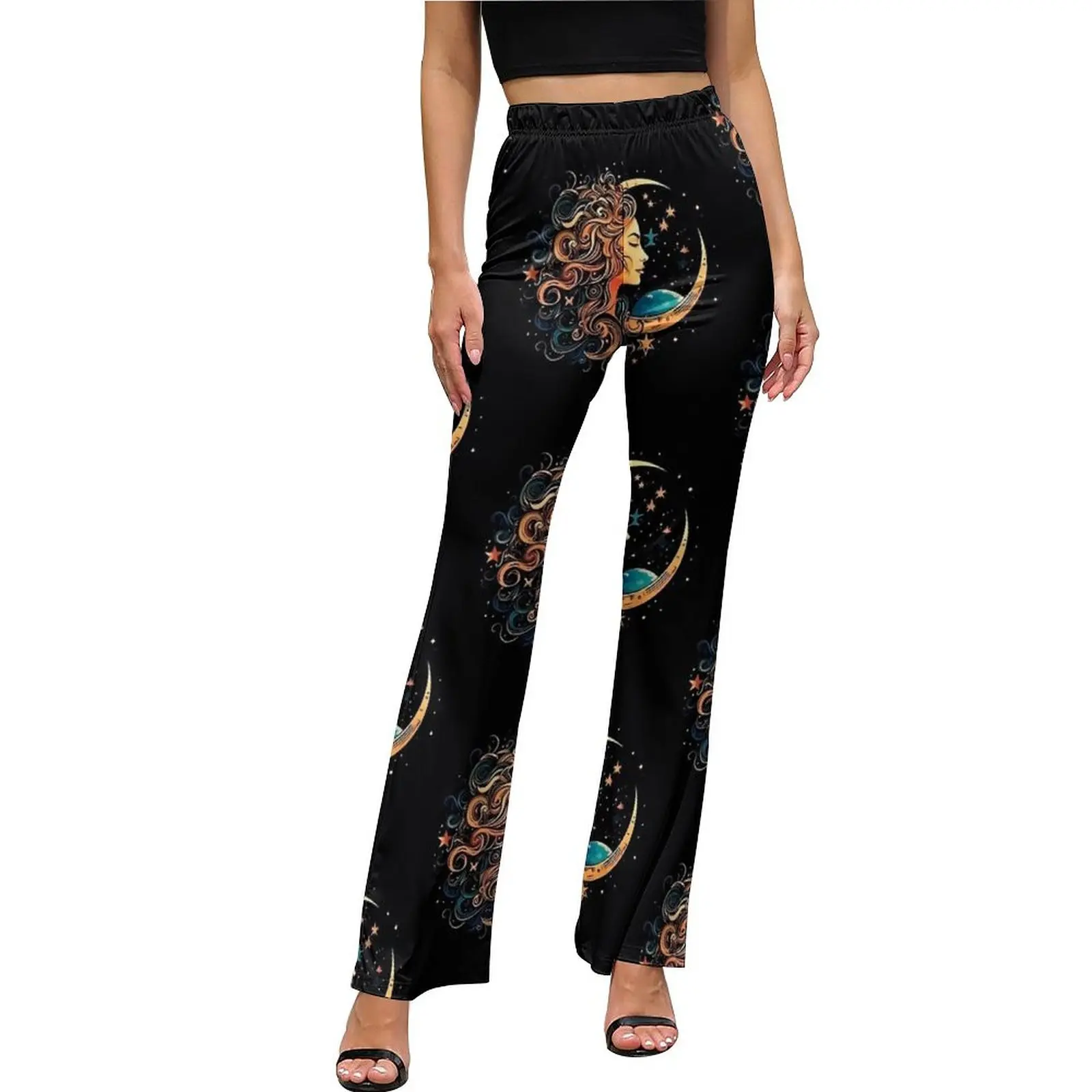 Sun And Moon Print Pants  Casual Flared Trousers Spring Womens Custom Street Style Slim Pants