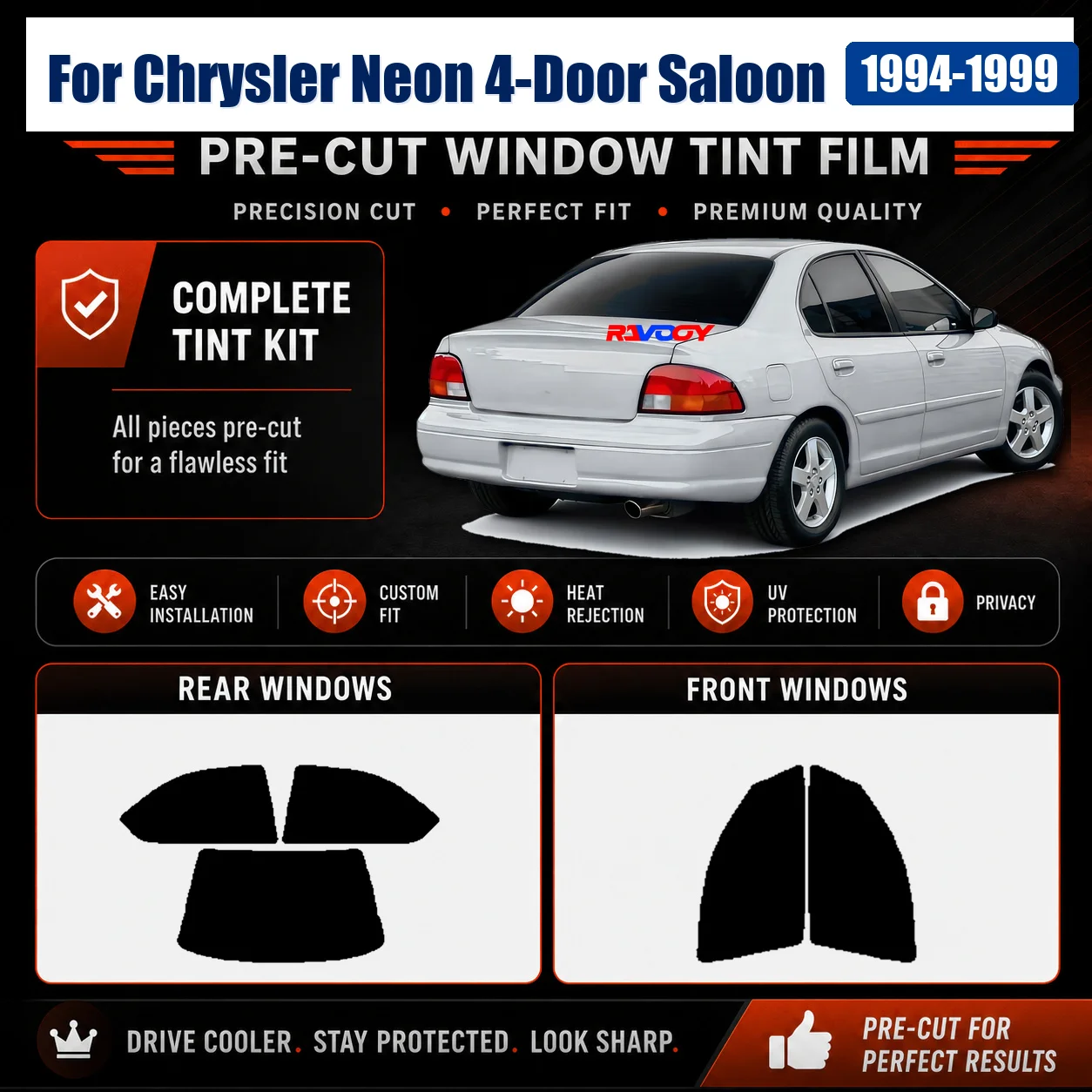 For Chrysler Neon 4-Door Saloon 1994-1999 Sun Shade Film Tinted Complete Window Heat & UV Blocking
