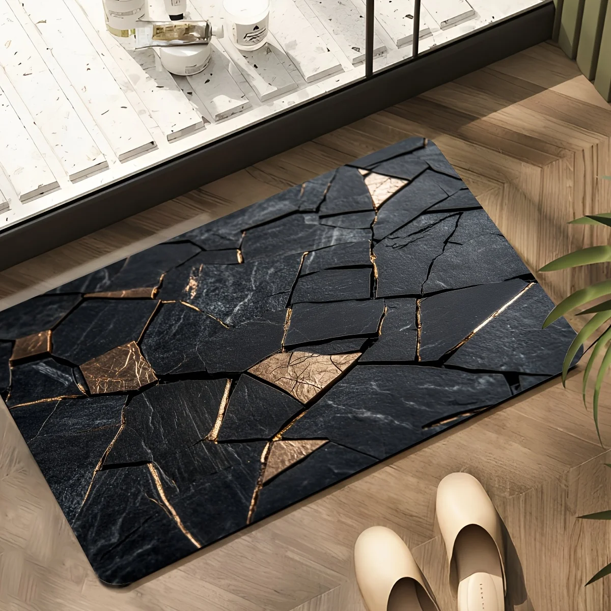 Black Gold Marble Indoor Outdoor Rug – Non-slip Mat for Bathroom Kitchen Living Room Patio Café Bar, Ideal Gift