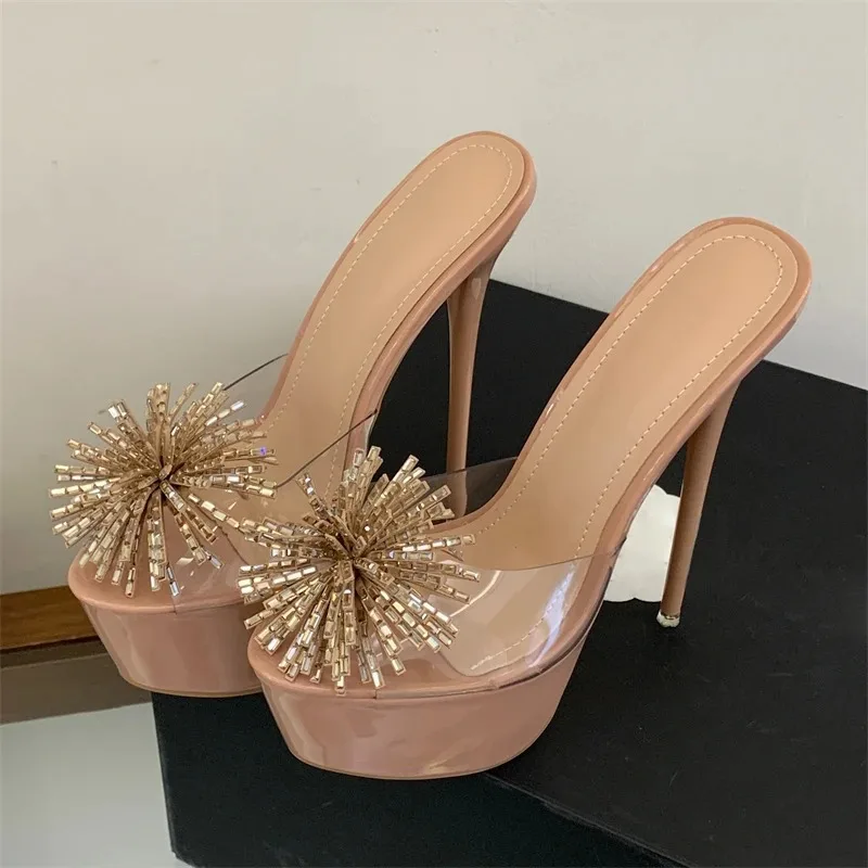 Aneikeh Fashion Rhinestone Platform Stiletto Heels Women Nude Clear PVC Open Toe Backless Mules Slides Party Wedding Shoes