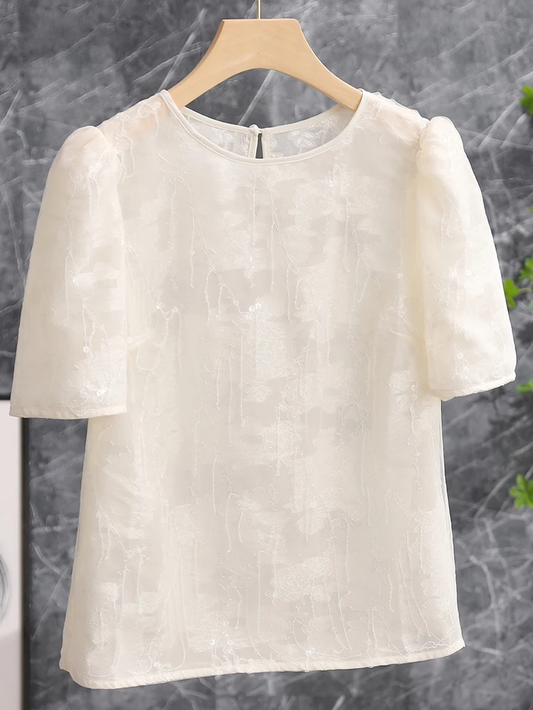 

Модный белый топ Ogeea с вышивкой Ele, 3D-рельефной строчкой и круглым вырезом, из полиэфирного волокна, для повседневной носки