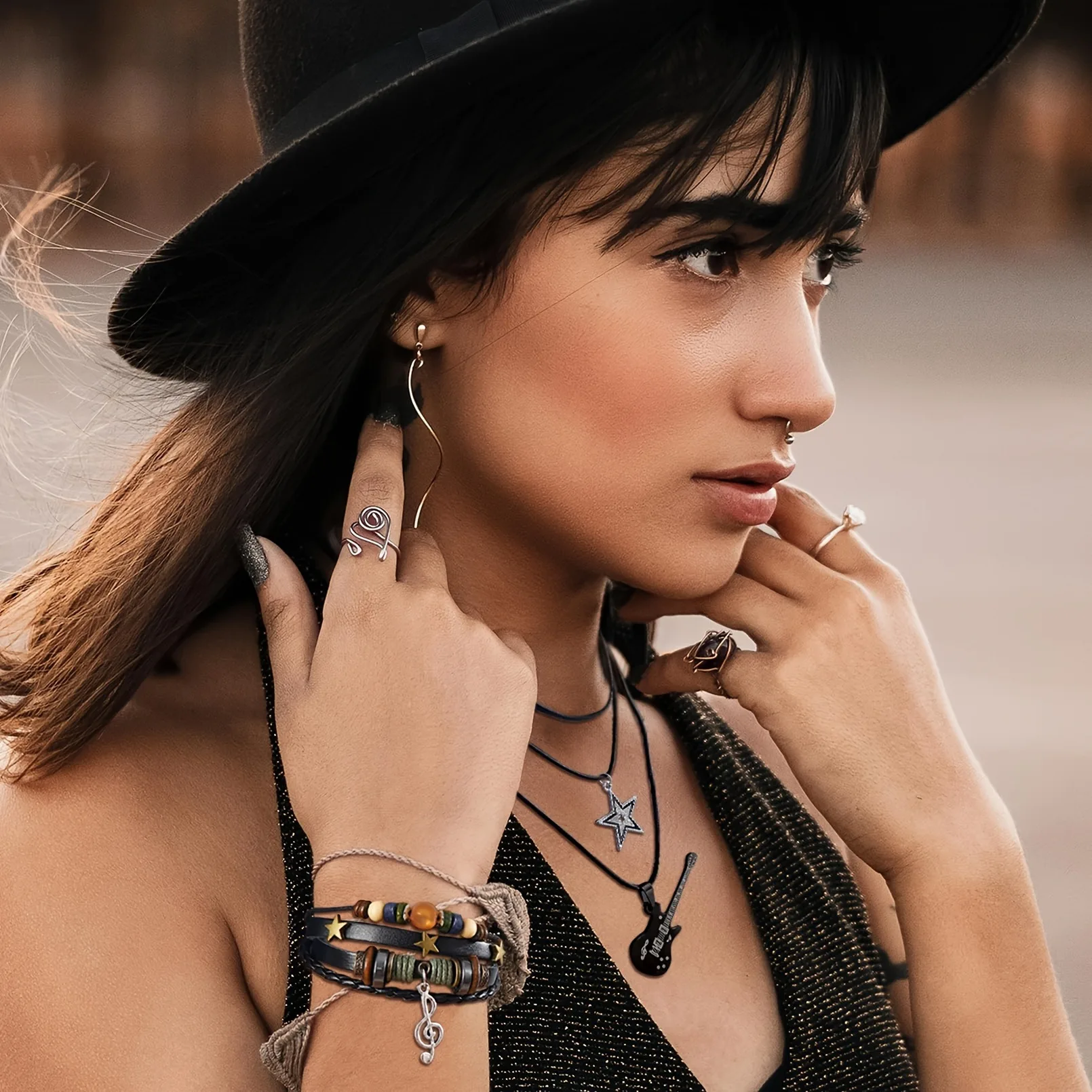 Multilayer Y2k Star Necklace Grunge Bracelets Set Handmade Jewelry Gothic Swirl Necklace Punk Rock Roll Music Grunge Accessories