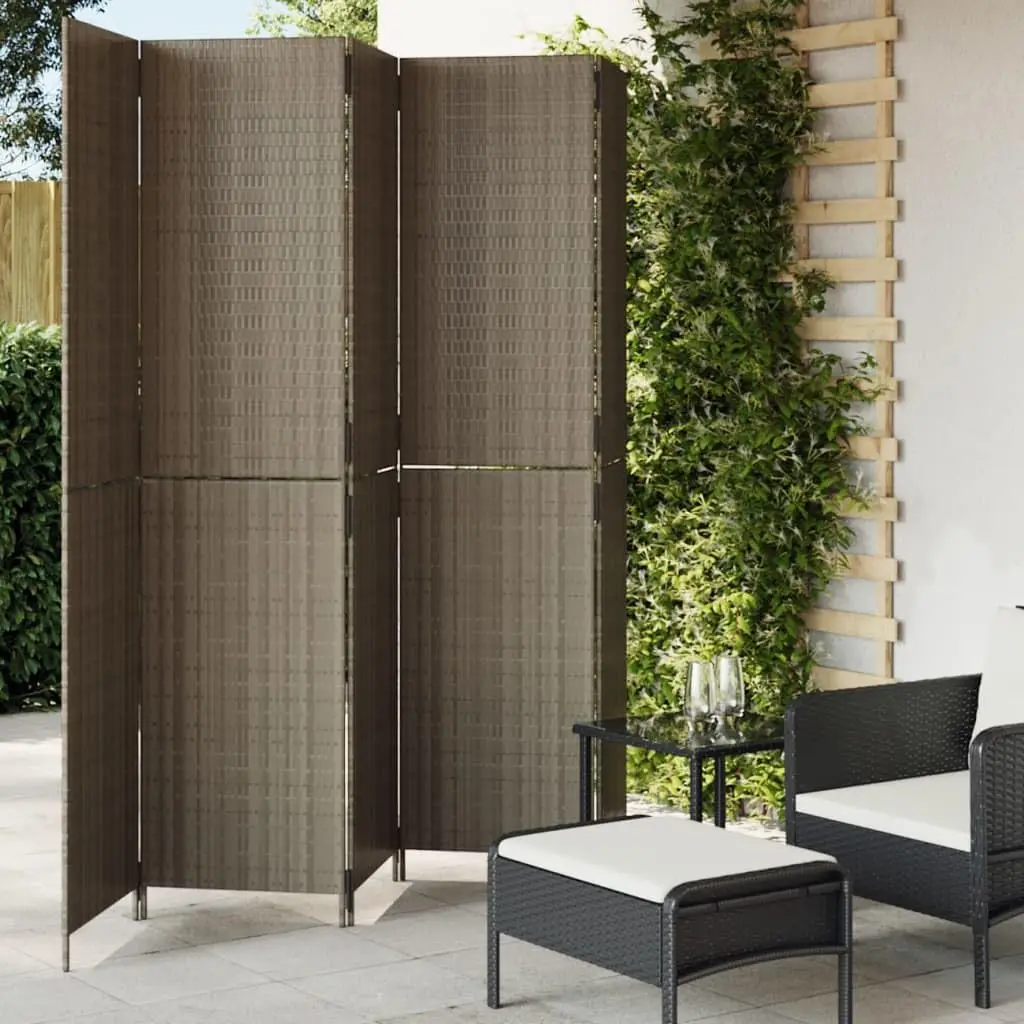 Gray Poly Rattan Room Divider 5 Panels, Indoor Outdoor Privacy Screen with Powder-Coated Steel Frame, Foldable