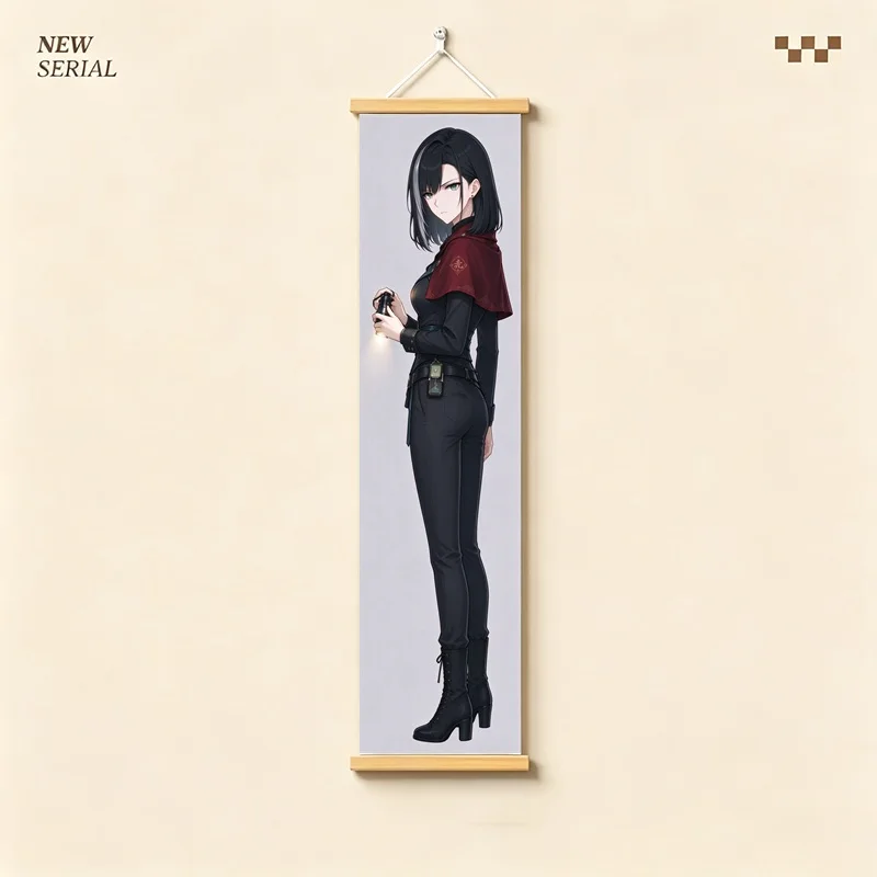 Black Haired Anime Girl Wall Scroll with Flowing Robes and Dark Outfits in Fantasy Full Length Illustration for a Bedroom