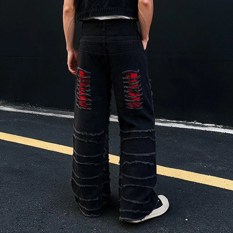 Men's High Street Ripped Wide Leg Jeans Black Denim Pants With Red Inner Patch Fringed Distressed Heavyweight Streetwear Trouser