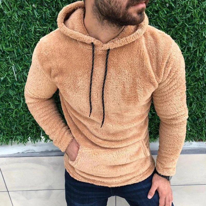 Autumn Winter Men's Side Seam Pocket Hooded Lapel No Liner Solid Long Sleeved Velvet Hoodies