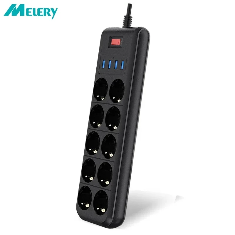 Melery Power Strip 10 Way AC Outlet EU Plug Socket USB Charging Port 2m Extension Cord Computer TV Smartphone Homekit Appliances