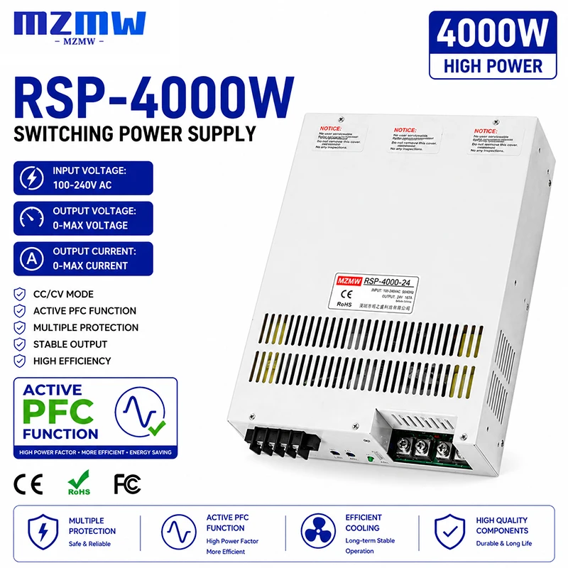 MZMW RSP 4000W Active PFC Switching Power Supply AC 100-240V DC 0-24V 36V 48V 60V 72V 110V 220V CC CV Adjustable Industrial SMPS