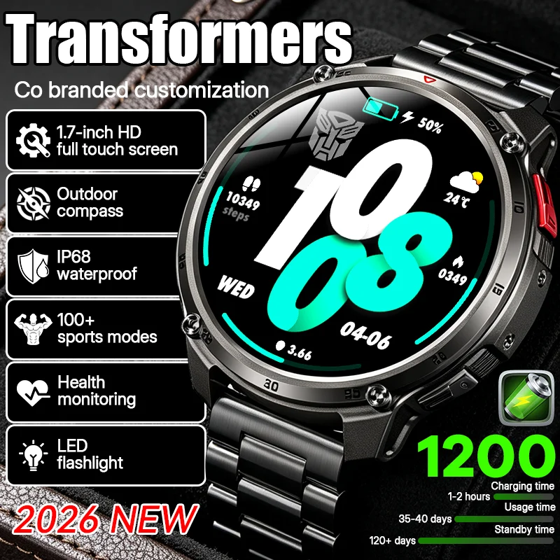 2026 New Transformers Outdoor Smart Watch Compass LED Flashlight 1200MAH Battery IP68 Waterproof Original BT Call Men Smartwatch