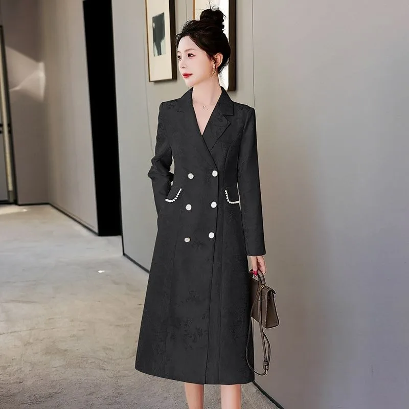 Small Fragrant Wind Trench Coat 2024 Spring New Lady Elegant Long Below The Knee Jacquard Outwear Slim Fit Fashionable Outcoat