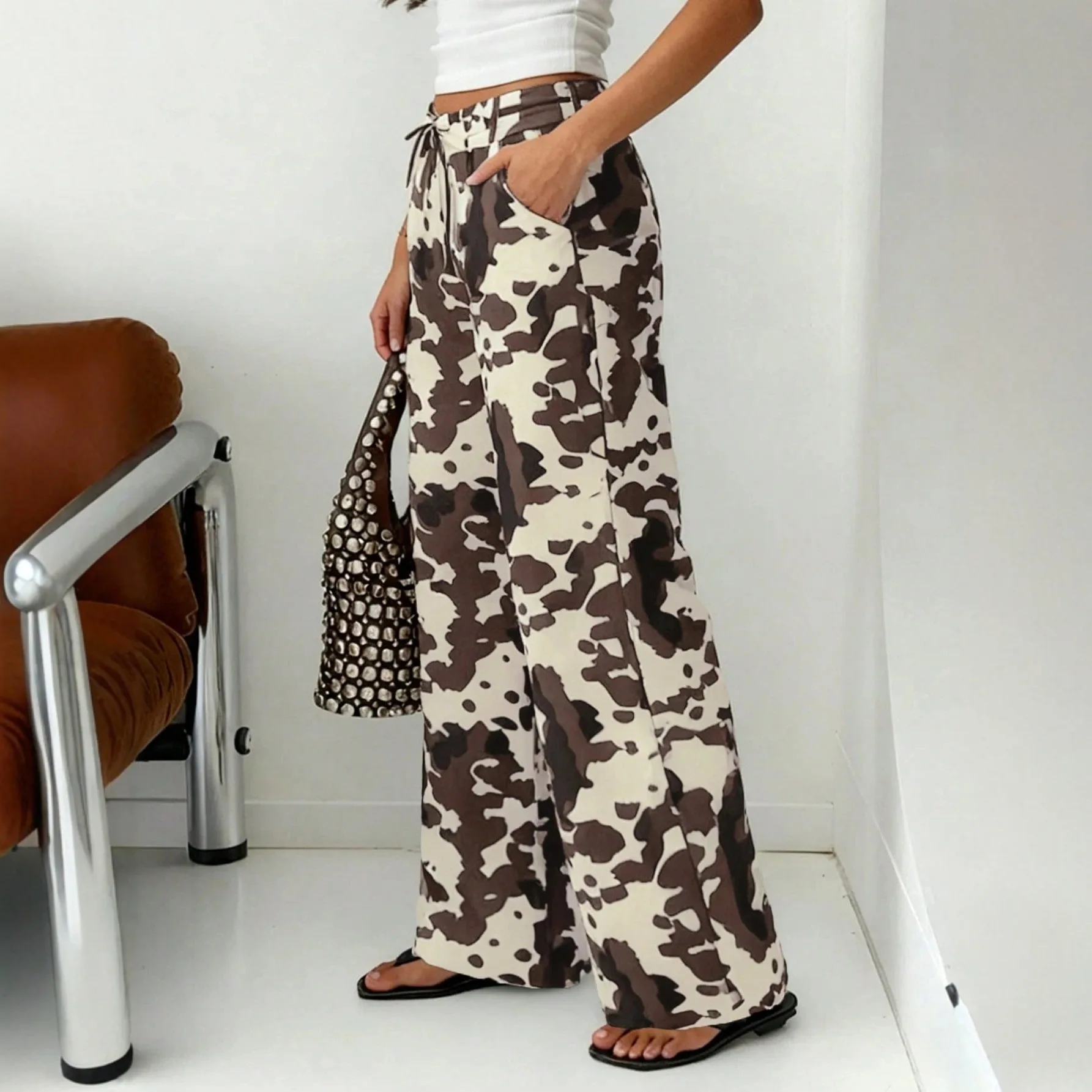 Cow Print Jeans Women's Y2k High Street Washed Old Straight-leg Pants Loose Mopping Trousers