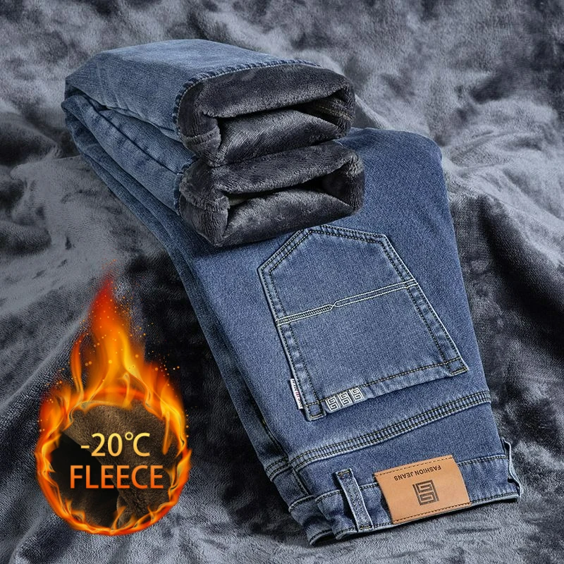 

Большой размер, зимние мужские плюшевые толстые флисовые брюки, трендовые термоджинсы, деловые повседневные брюки, ветрозащитные теплые хлопковые джинсовые брюки Y2K