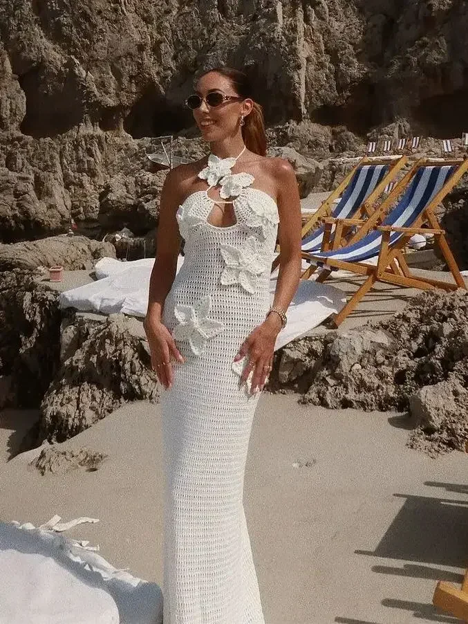 Women Slim Crochet Hook Halter Dress Elegant Solid Off Shoulder Backless Maxi Knitted Dresses 2024 Summer Female Beach Robes