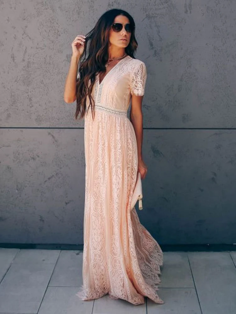 Summer Floral Lace Dress Women Elegant Party White Maxi Dress V Neck Wedding Long Dress Short Sleeve Hollow Out Woman Dress