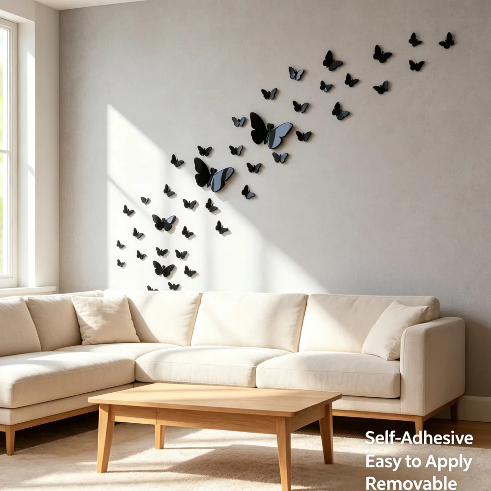 3D Mirror Acrylic Butterfly Wall Decals, Black DIY Splicable Butterfly Wall Stickers, Stereoscopic Art Ornament for Home & Kids Room Interior Decor, 25 Count(2 Large,3 Medium,20 Small)