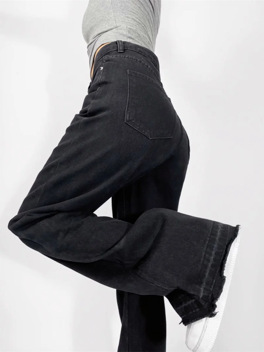 American Retro High Waist Slimming Wide Leg Jeans Sexy Design adient Floor-Length Faion Frayed  Denim Long Trousers