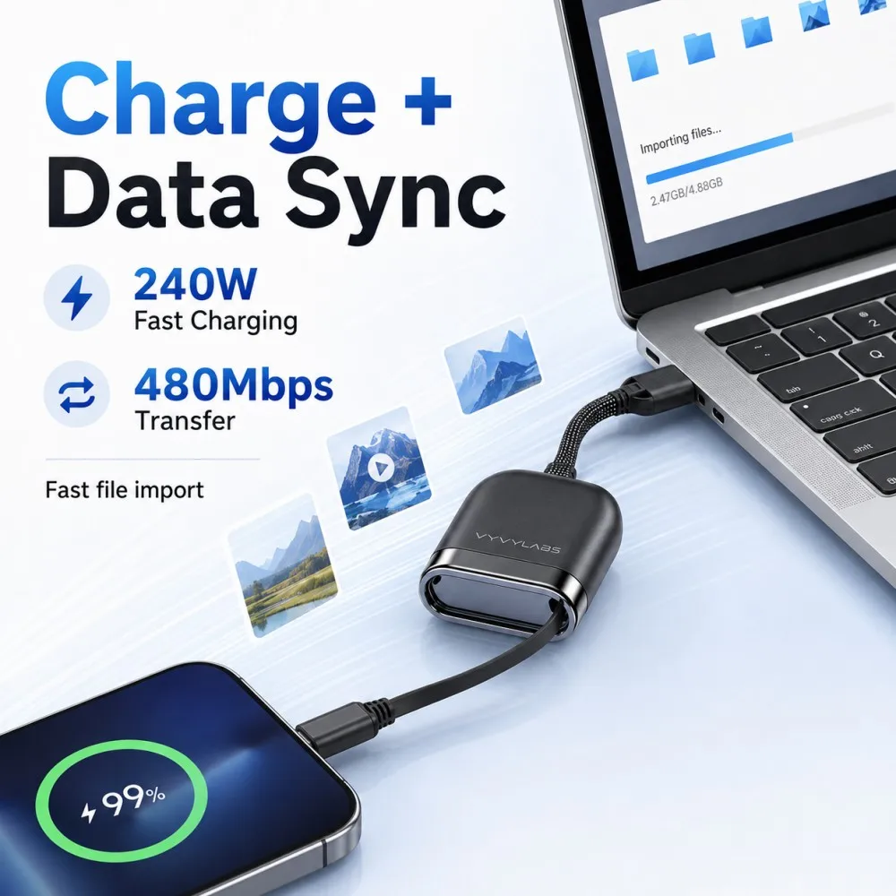 Vyvylabs 240W Retractable USB-C Cable Magnetic Storage Fast Charging Cord 480Mbps Data Transfer Adjustable Length Compact Type-C