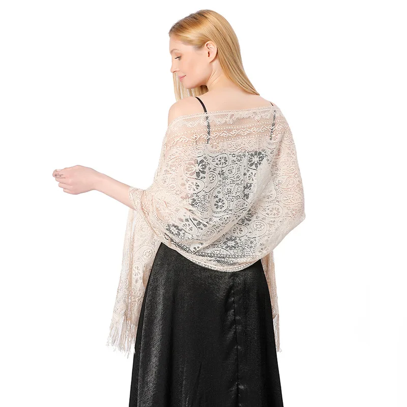 Pure Color Triangle Lace Shawls for Evening Dresses Hollow Floral Mesh Bridal Bridesmaid Wedding Boleros Capes Lady Party Shawl