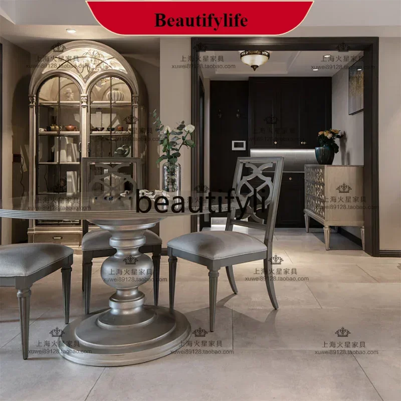 Q132 American Light Luxury Solid Wood Size Apartment Round Dining Table And Chair Combination French Dining Room Furniture