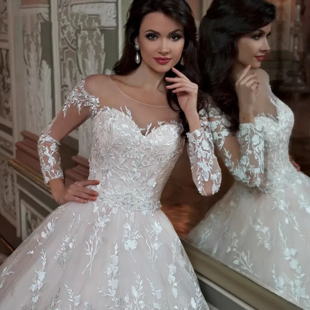 Flavinke Personalizzato Robe De Mariee Princesse De Luxe Lucido Perline Vita di cristallo Manica lunga Abito da ballo in pizzo Abiti da sposa