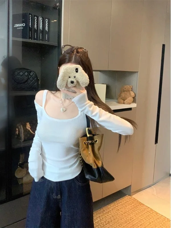 Red Spicy Girl Sle One Oulder Strap Gestrickte Basis Schicht Top frauen Winter Neue Taille Slim Fit Inneren Tragen irt