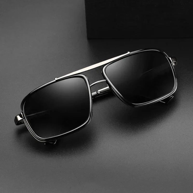

New Fashion TAC Polarized Sunglasses Retro Thick Edge Box Double Beam Punk Men's Metal Anti UV Glasses UV400 Shades Eyewear