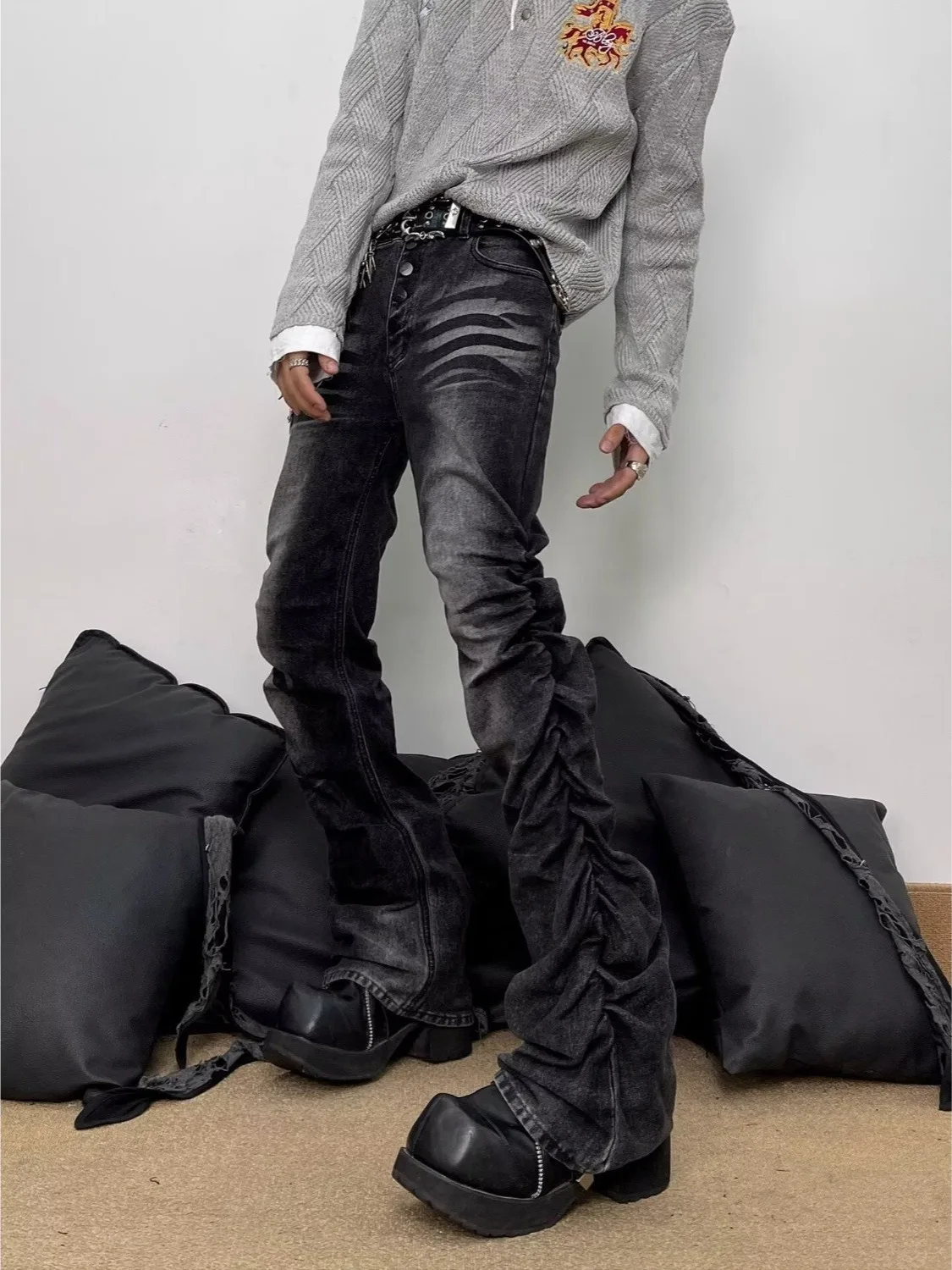 Washed Black Grey Slim Straight Retro Bell Bottoms Cleanfit Men's Jeans Trendy High Street Style Youthful Wear Resistant
