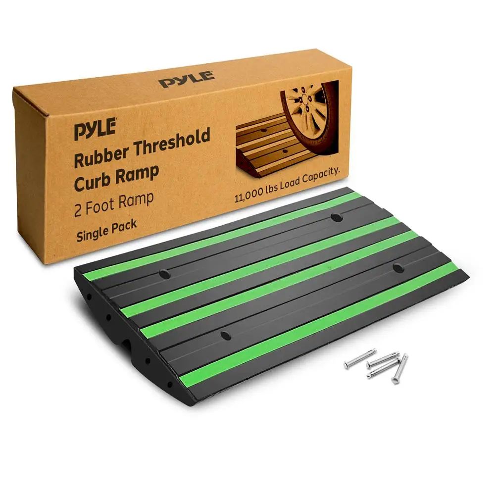 Pyle 2 Ft Rubber Curb Ramp - Non-Slip, Green Reflective, Waterproof for Driveways & Sidewalks