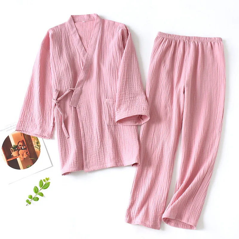 

Men and Women 100% Cotton Pajamas Plus Size Loose Bathrobes V-Neck Kimono Pijama Mujer Three Quarter Sleepwear Couple Loungewear
