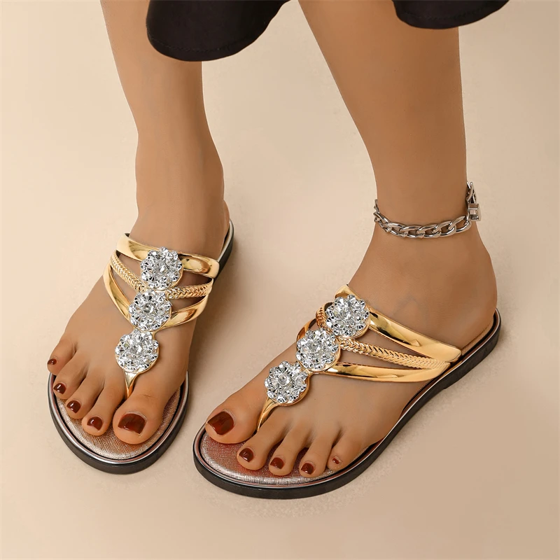 2024 Summer Slippers Women Casual Shiny Silver Flip Flops Beach Sandals Female Flat Shoes Lady Room Slippers Lady Footwear