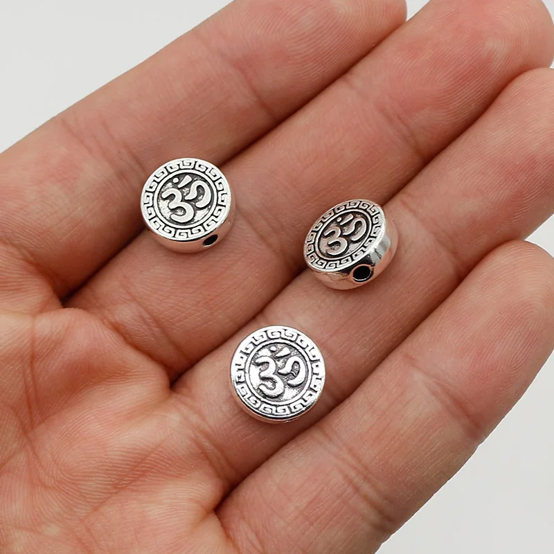 10pcs/Lot Religious Flat Round Buddhism Prayer Loose Beads 12mm Buddhist Symbol Charms Bead Spacers DIY Jewelry Accessories