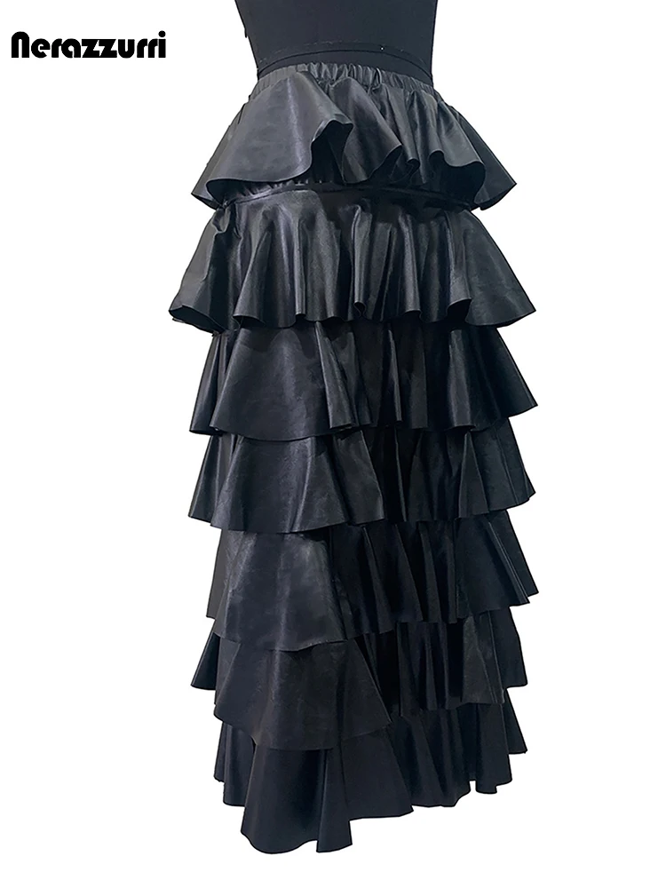 Nerazzurri Spring Autumn Black Pu Leather Midi Tiered Skirt Women Elastic Waist Long Sweet Cute Lovely Luxury Designer Clothes