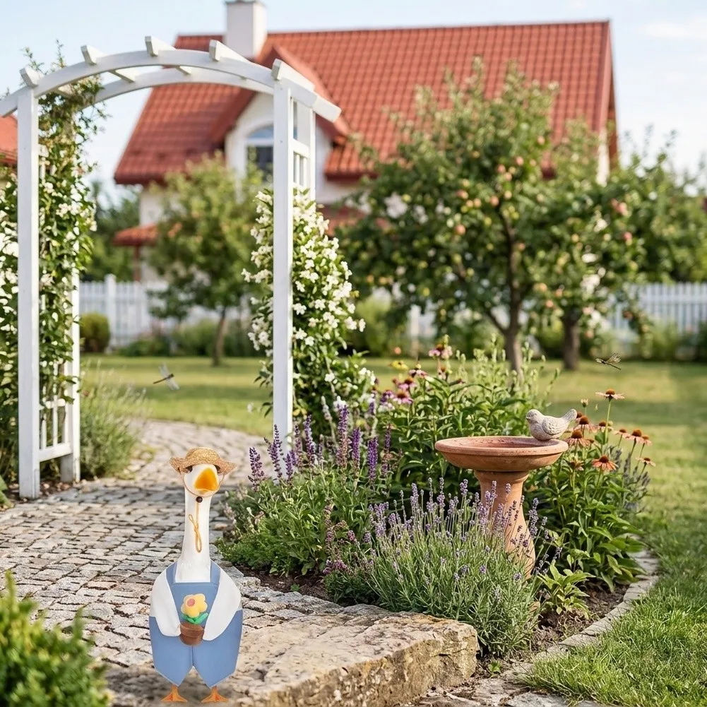Adorable Gardener Outfit For 23 Inch Goose Statue With Blue Overalls Sunflower Hat And Straw Cap For Spring Lawn Decor