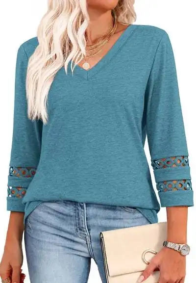 

Effortless Elegance. Our chic V-neck knit top with breezy 3/4 sleeves & subtle lace details. Pure comfort & style.